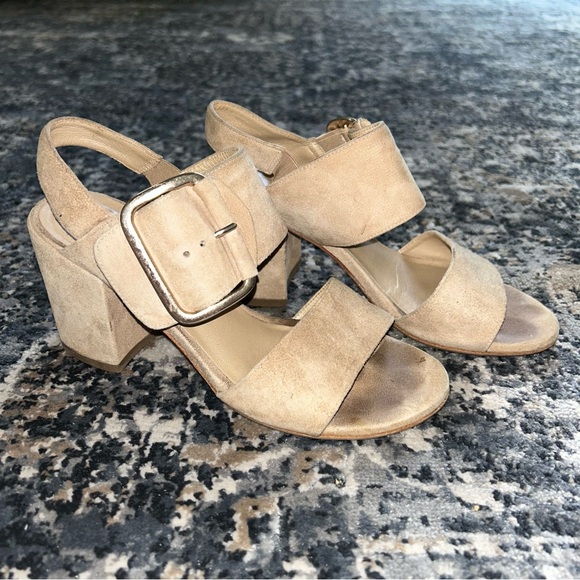 Stuart Weitzman Suede Block Heel Sandals SoHo Tan - Picture 8 of 9